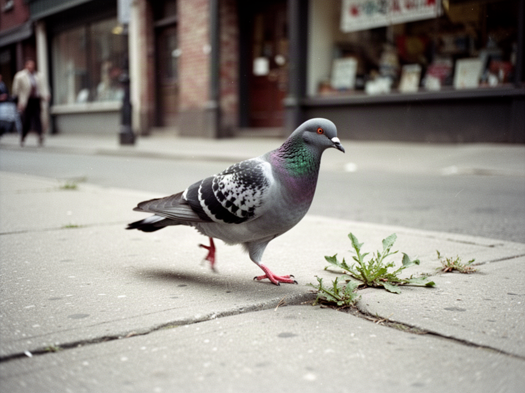 a pigeon paused mid-step on a city sidewalk, one foot lifted, in an unposed candid street moment