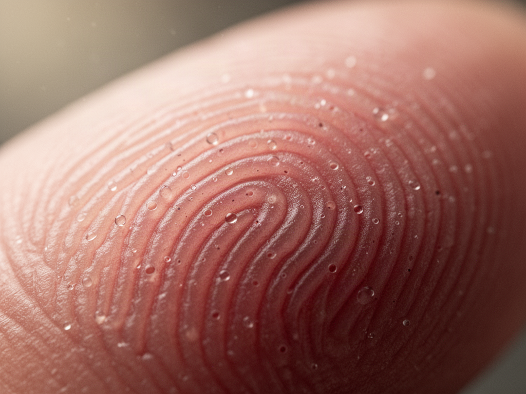 Extreme close-up macro photo of a human fingerprint ridge, showing raised skin lines, tiny pores, and oil droplets catching morning light
