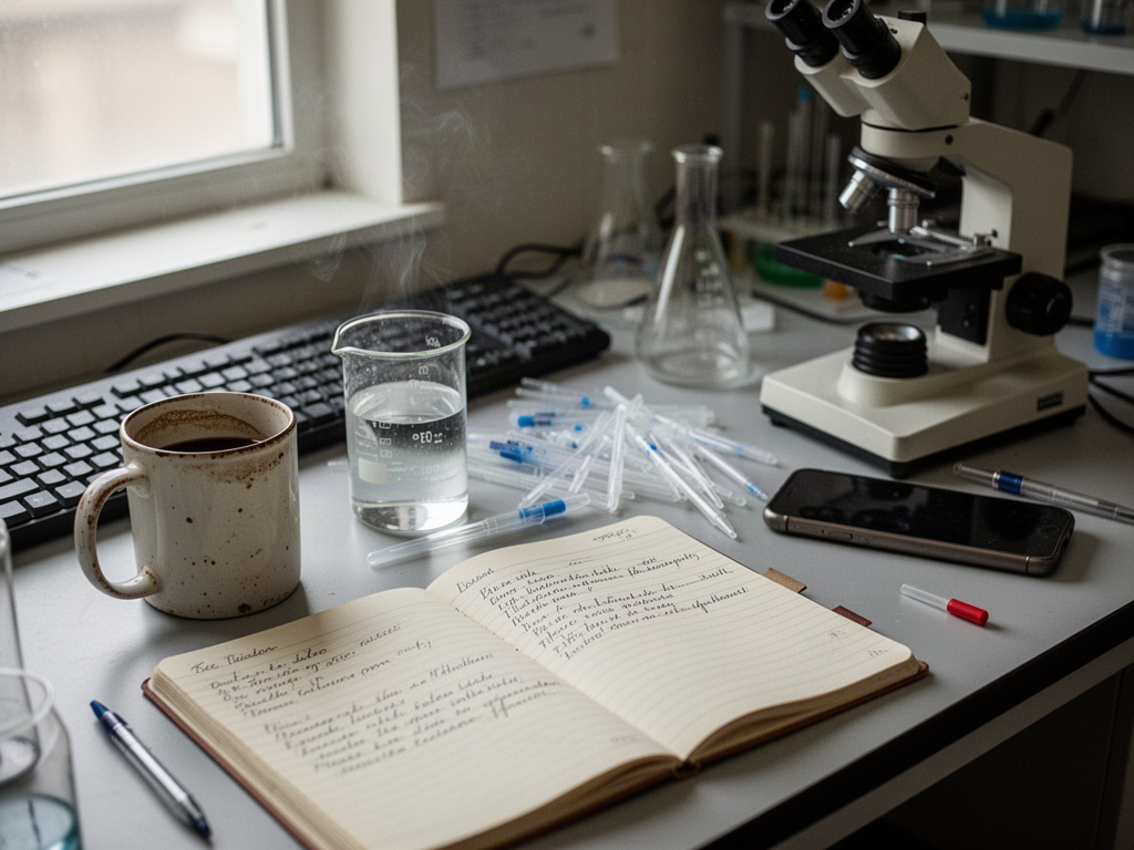 A cluttered lab workbench photographed in available daylight, showing a coffee mug, an old beaker of water, scattered pipette tips, an open notebook, and a microscope pushed aside.