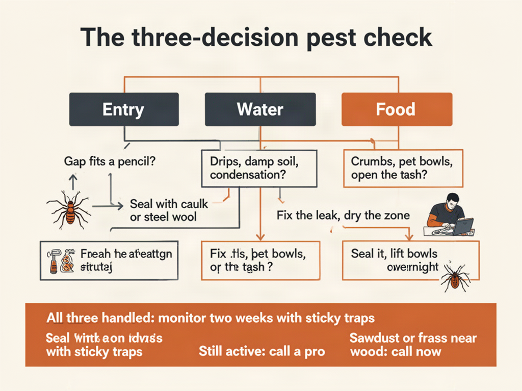 Decision tree infographic with three branches labeled entry, water, and food. Each branch gives a home check and a fix. A bottom bar says all three handled means monitor two weeks with sticky traps, still active means call a pro, and sawdust or frass means call now.