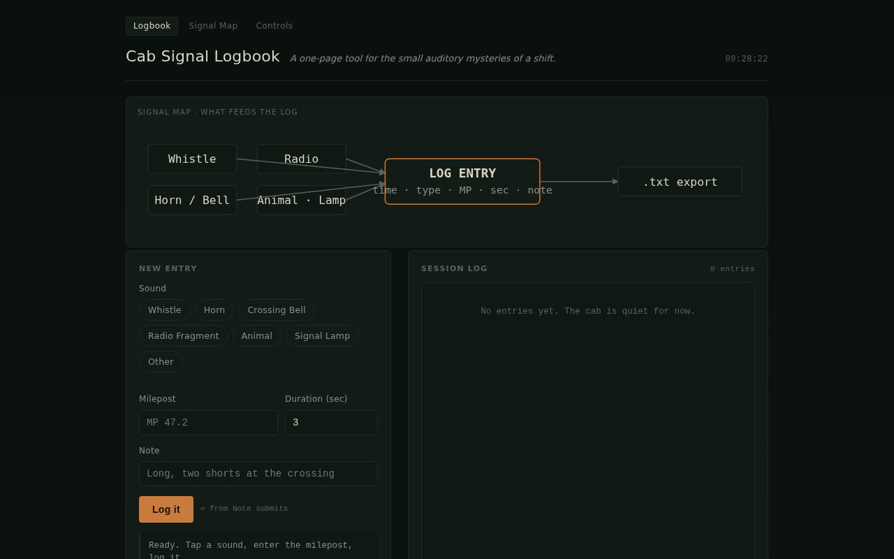 Screenshot of cab-logbook.local/cab-signal-logbook.html