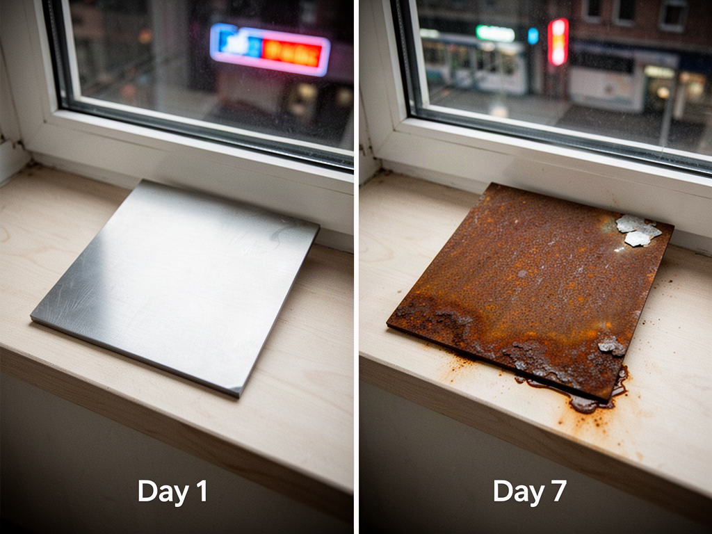 Two-panel before-and-after photograph of identical steel plates on the same windowsill. Left: clean brushed steel after one day, still reflective. Right: the twin plate after seven days, fully coated in matte orange-brown rust with darker patches along the lower edge.
