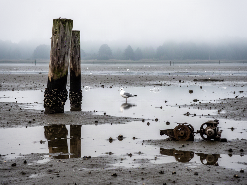 A low-tide mudflat at pale morning light: shallow mirror-like water over dark sediment, a band of barnacle-encrusted rock along the edge, scattered tidal pools, and a gull standing mid-frame with its reflection visible.
