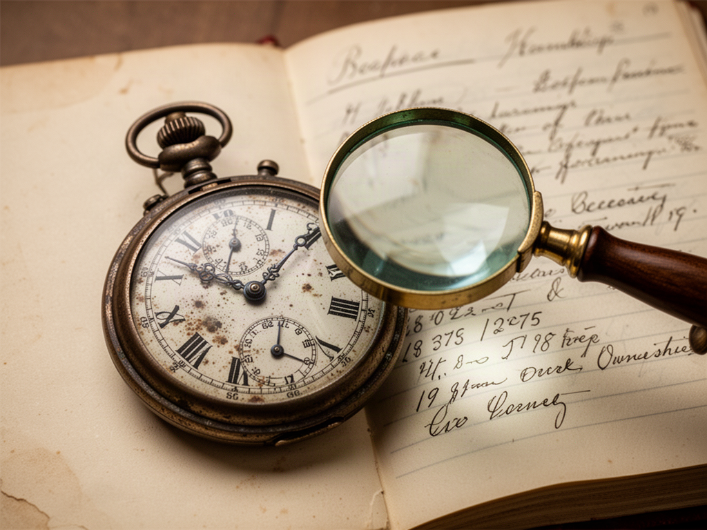 A vintage pocket watch with patina is examined under a magnifying glass next to a notebook with handwritten provenance details.