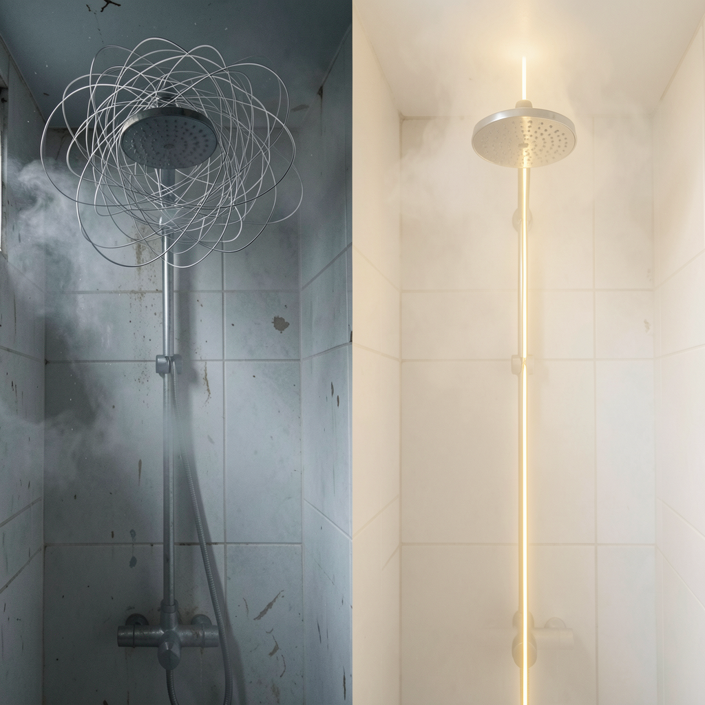 Split-screen before-and-after comparison: the left panel shows a dim, foggy shower with a chaotic tangle of scribbled thought-lines swirling overhead; the right panel shows the same shower bright and clear, with those scribbles resolved into one straight, glowing line.