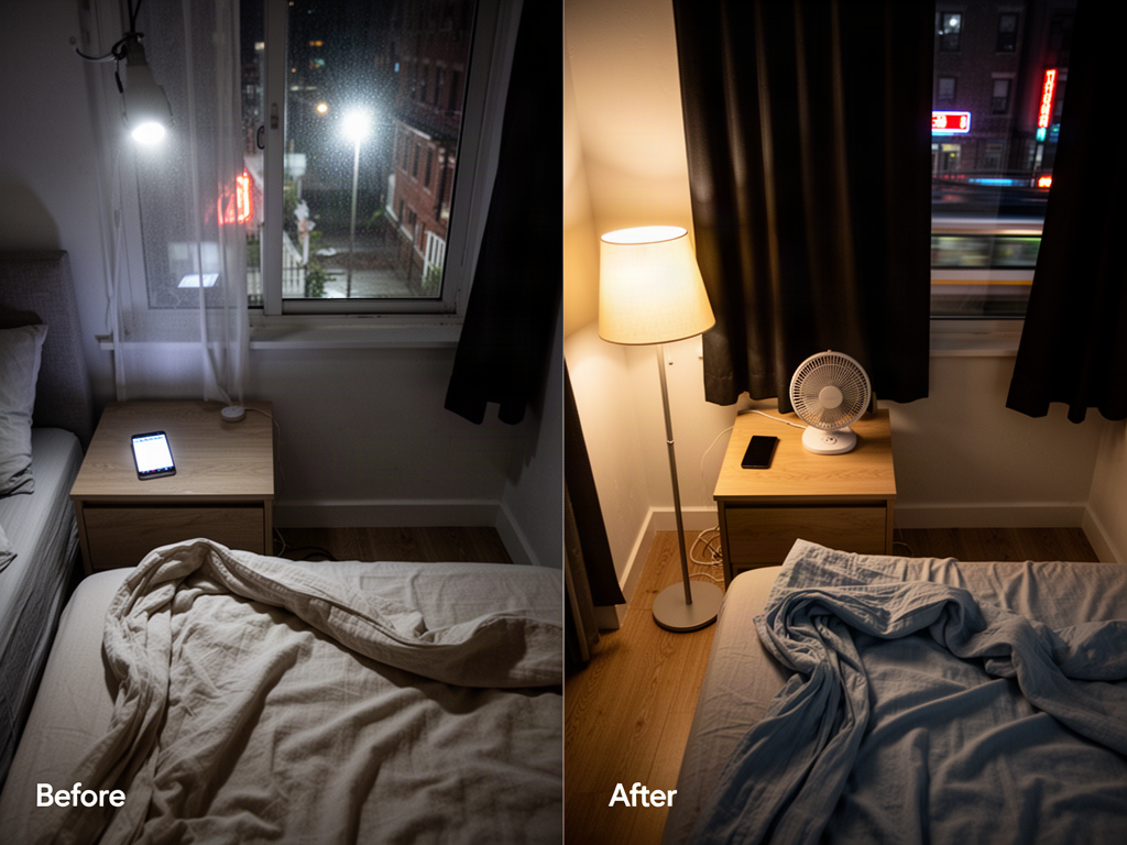 Before and after comparison of a bedroom: left side shows a harsh-lit, cluttered setup with phone and open window; right side shows a warm-lit, uncluttered setup with blackout curtains, a fan, and cooled sheets.
