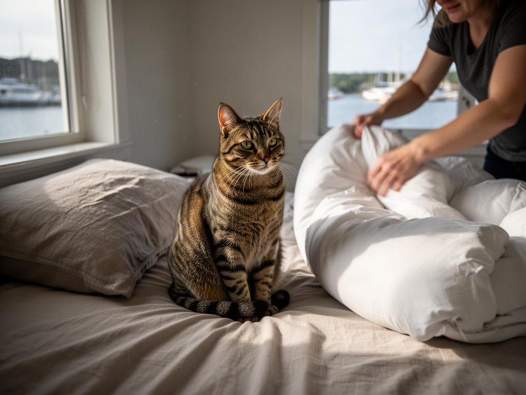 a tabby cat sits on the corner of an unmade bed, calmly watching someone make the bed with a white duvet in soft morning light
