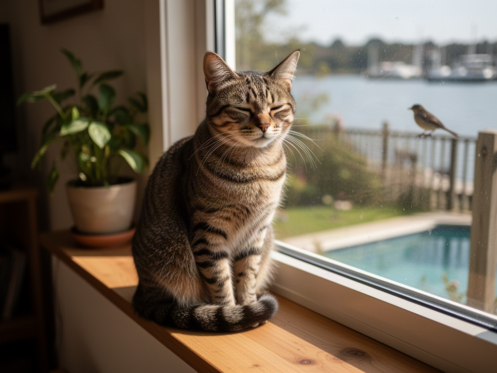 A tabby cat on a sunlit windowsill, mid-slow-blink, watching something outside through the window.