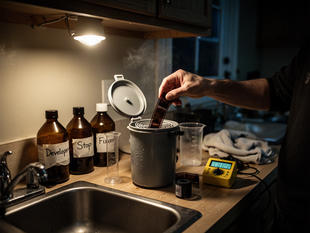 A home darkroom setup at a kitchen sink at night: a developing tank, amber chemical bottles, a timer, and a strip of 35mm film being lifted out of the reel to be checked against the lamp.