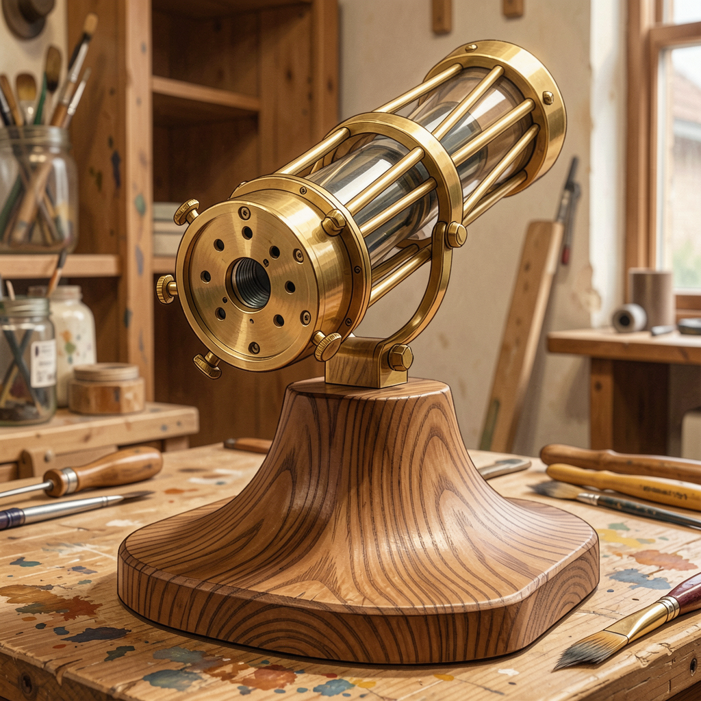 Hand-built Dobsonian telescope showing wooden base with visible hand-sanding marks, brass fittings, and craftsmanship details