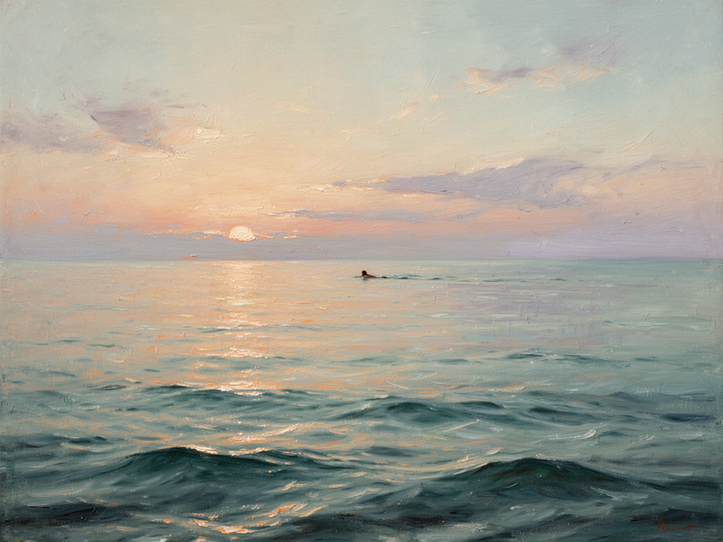 A calm ocean at golden hour stretching endlessly to the horizon with a tiny lone swimmer in the distance, painted in soft pastel tones.