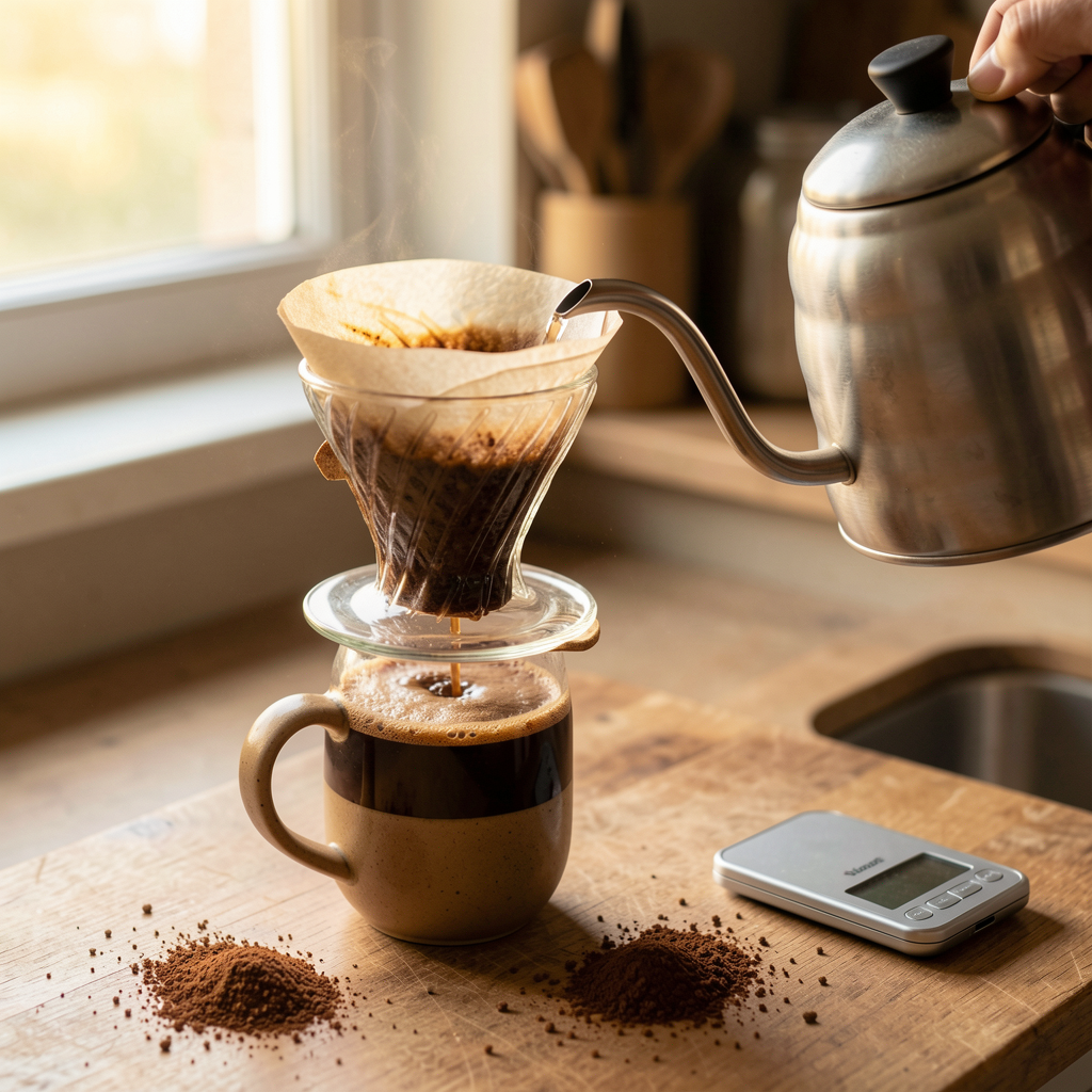 Gooseneck kettle pouring hot water over blooming coffee grounds in a dripper on a mug, morning window light on the counter with fresh grounds and a small scale nearby.