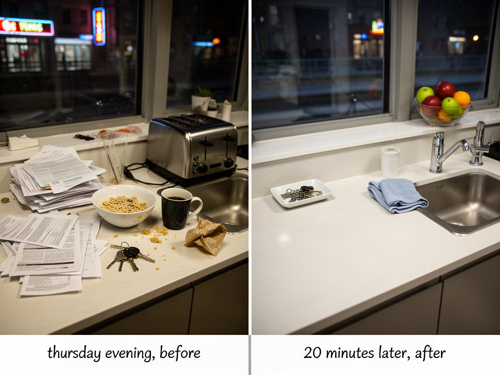 Side-by-side before and after photo of the same kitchen counter, cluttered on the left and cleared on the right, with small labels reading "thursday evening, before" and "20 minutes later, after".
