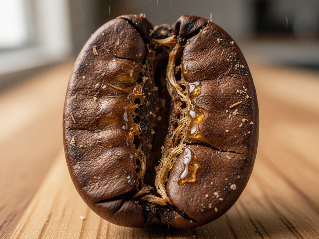 An extreme close-up macro photograph of a roasted coffee bean split open, revealing its ridged, cavernous interior texture under warm morning light.