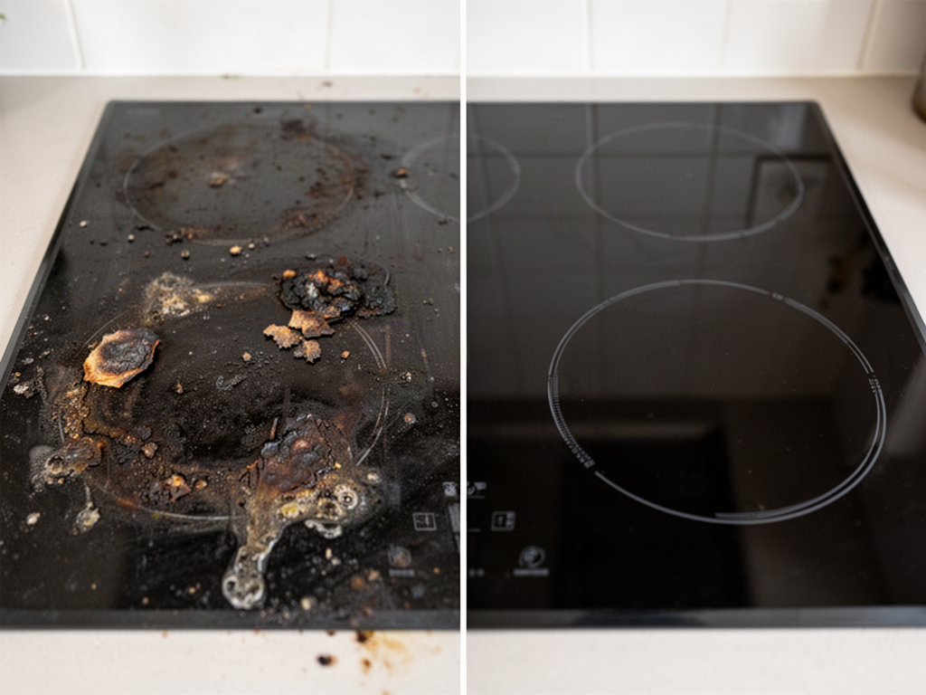 Side-by-side before-and-after photo of the same black glass stovetop from the same angle: left half covered in burnt-on rings and greasy residue, right half spotless and reflective, both under the same kitchen lighting.
