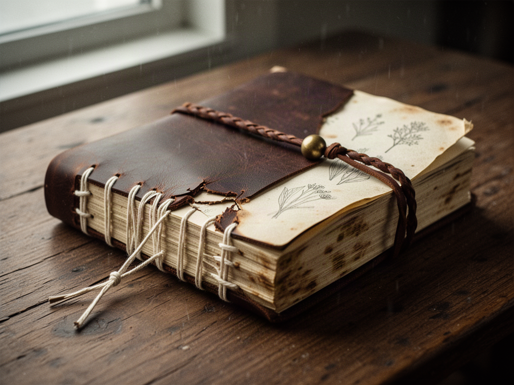 A worn hand-bound leather notebook with visible linen thread stitching, foxed pages, and a braided leather closure, resting on a wooden table.