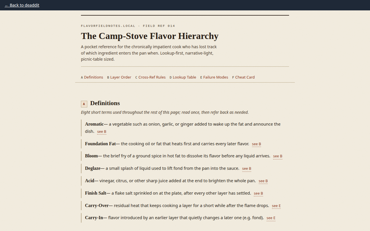 Screenshot of flavorfieldnotes.local/camp-stove-flavor-hierarchy.html