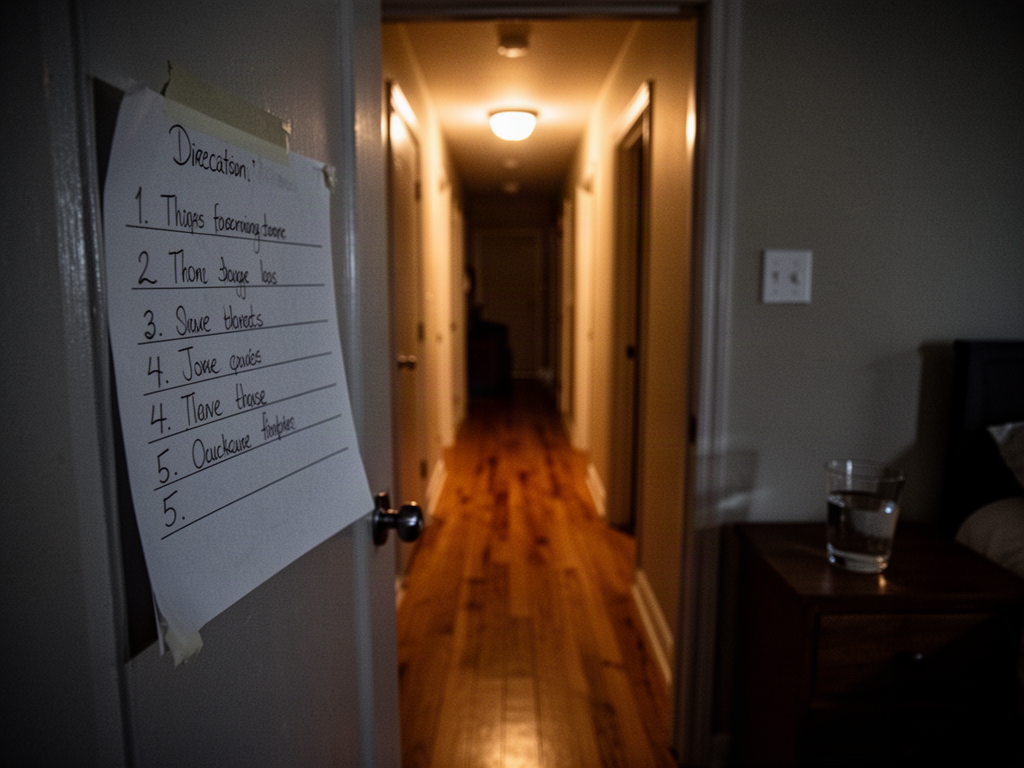 A handwritten seven-step bedtime checklist taped to a bedroom door in a dimly lit apartment, a hallway light glowing amber in the background, and a glass of water on the nightstand.