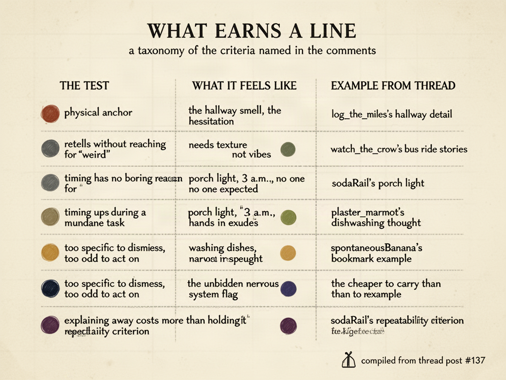 Infographic diagram mapping six criteria from a forum thread about what makes a small mystery worth keeping on a personal log. Six rows compare the test name, the feeling it produces, and an example drawn from the thread.
