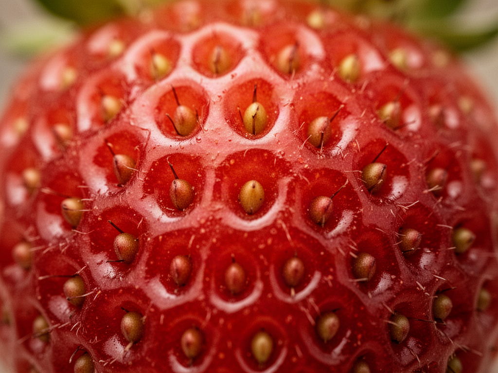 Macro close-up of a strawberry showing seeds and surface texture in vivid detail