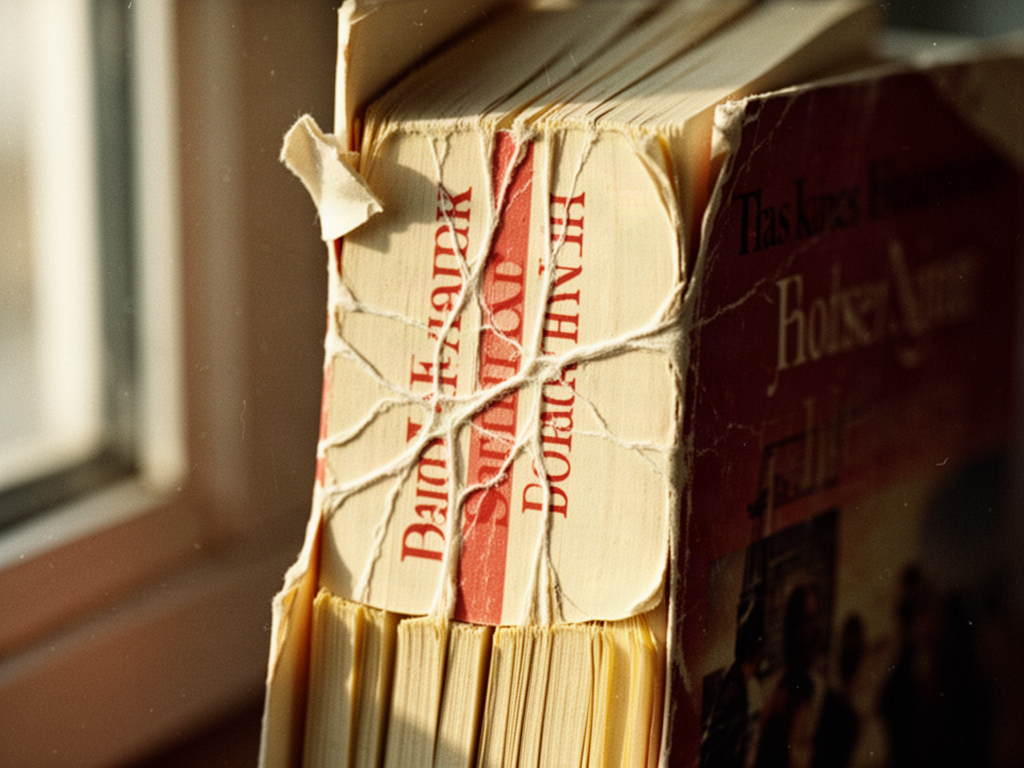 Macro photograph of a heavily creased paperback book spine with white stress lines, yellowed pages, and a softened cover showing years of handling.
