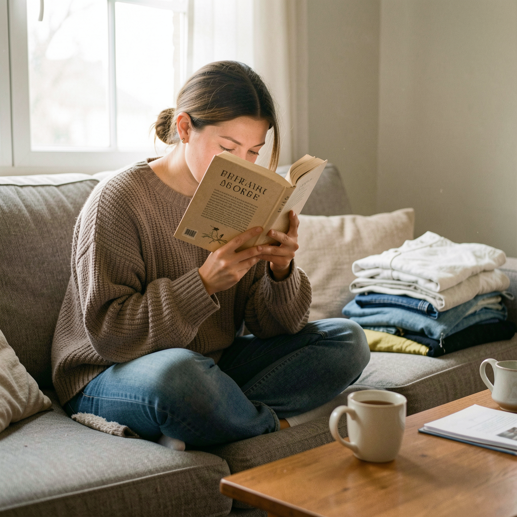 A candid photo of someone curled up on a couch in an oversized sweater, nose buried in a hardcover book, with a half-finished cup of tea and a pile of unfolded laundry nearby in soft afternoon light.