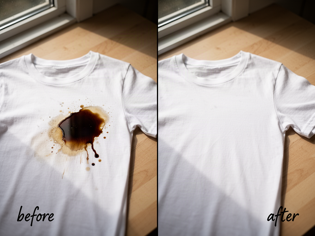 side-by-side photo of a white shirt, stained on the left and clean on the right, showing the before and after of treating a coffee stain quickly