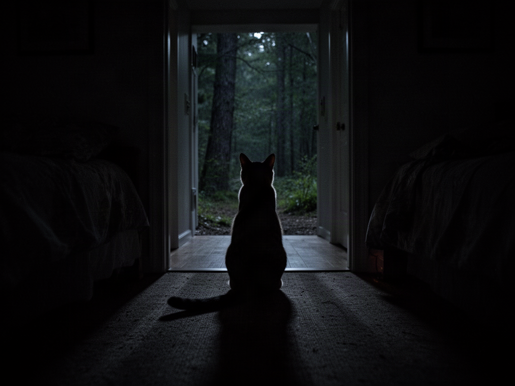 a cat sitting alert at the end of a dark hallway at night, facing away from the camera into shadow
