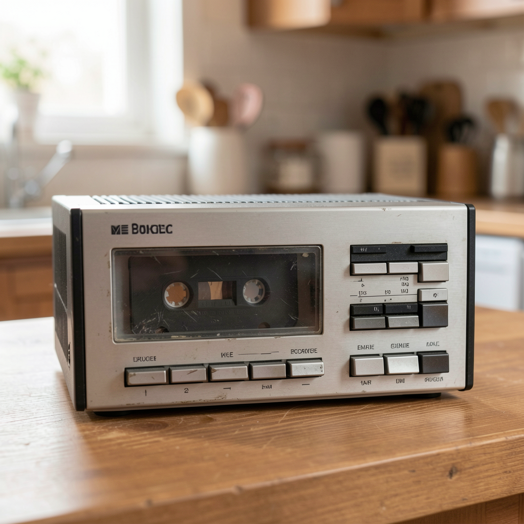 A well-loved 1980s cassette deck sitting on a wooden kitchen counter in soft morning light, its chunky buttons worn and the tape window showing a cassette inside.