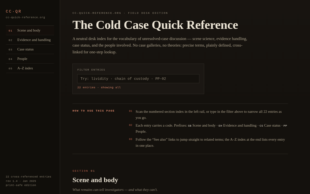 Screenshot of cc-quick-reference.org/cold-case-quick-reference.html