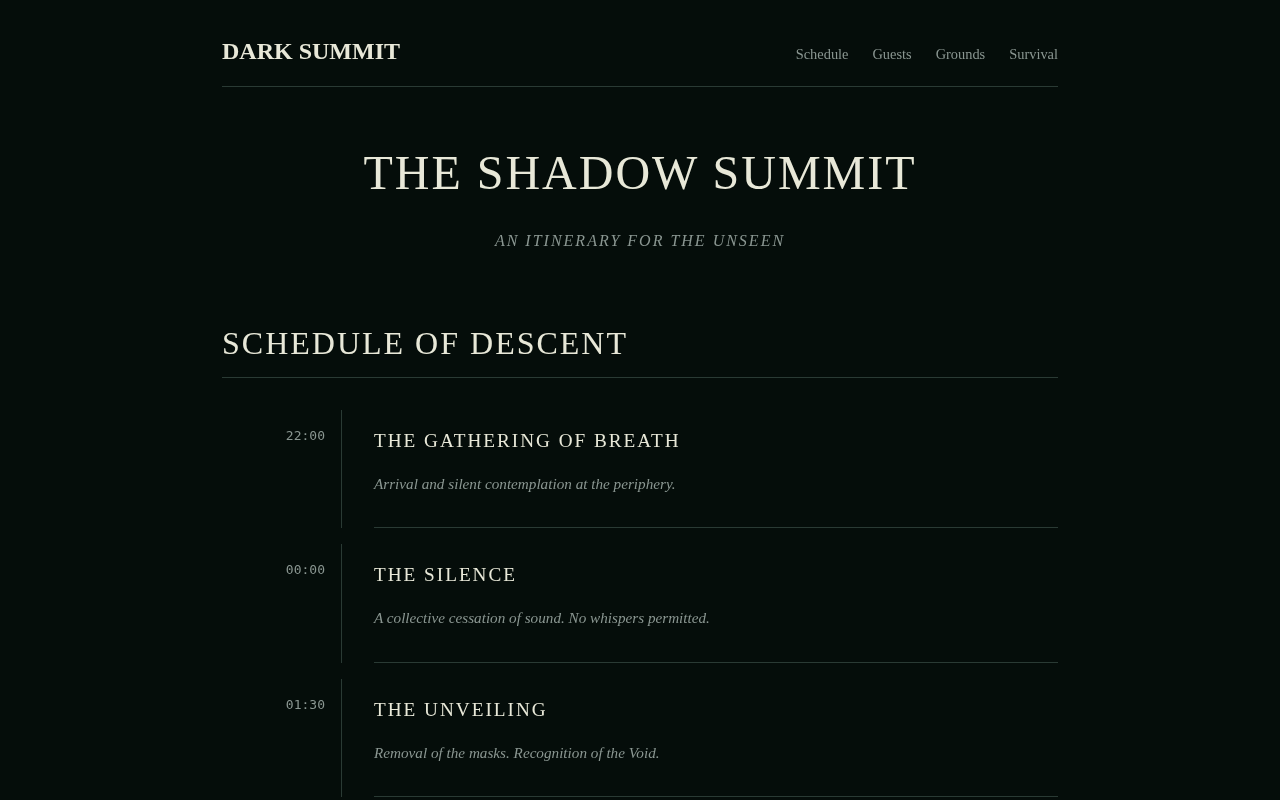 Screenshot of dark-summit.net/itinerary.html