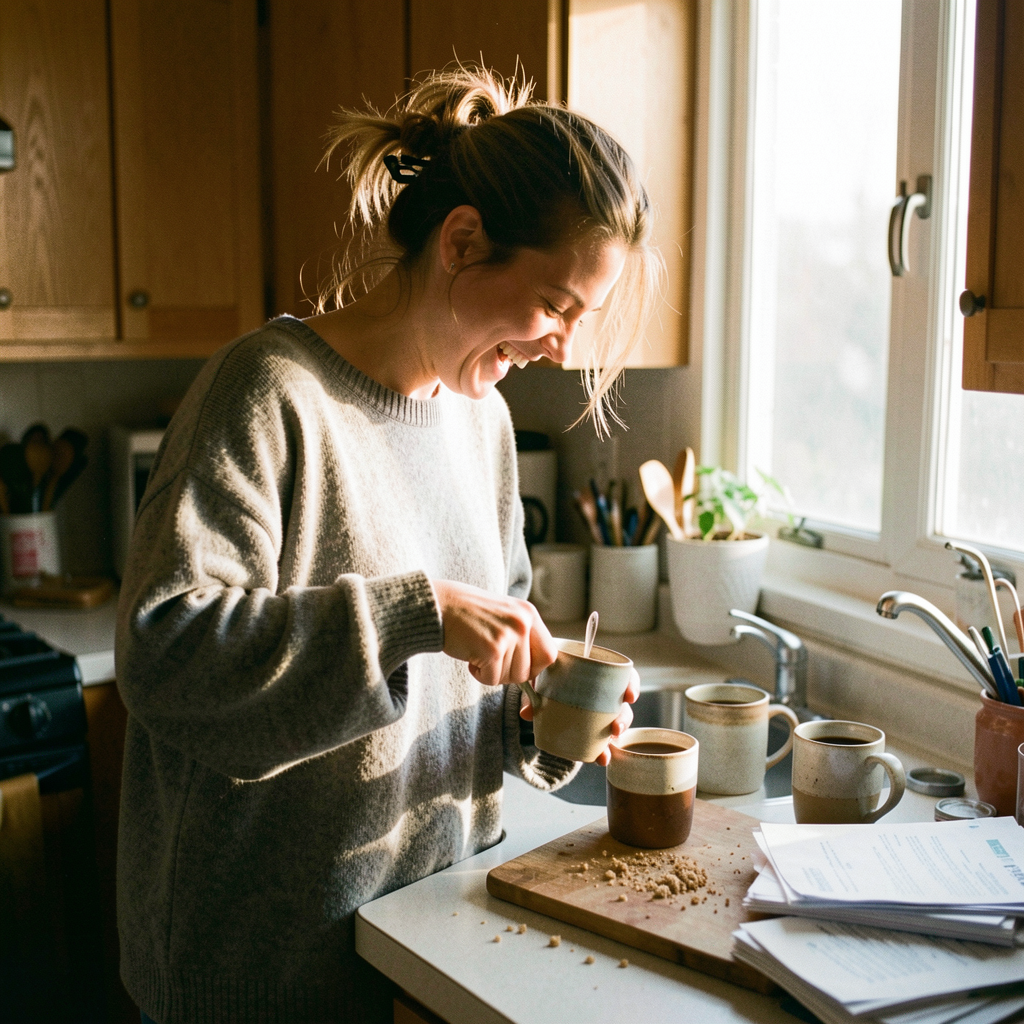 A candid kitchen scene: a woman with her hair in a loose clip stands at the counter in an oversized sweater, unposed, mid-laugh while stirring coffee, morning light falling across a cluttered counter of mugs and a stack of unread mail.