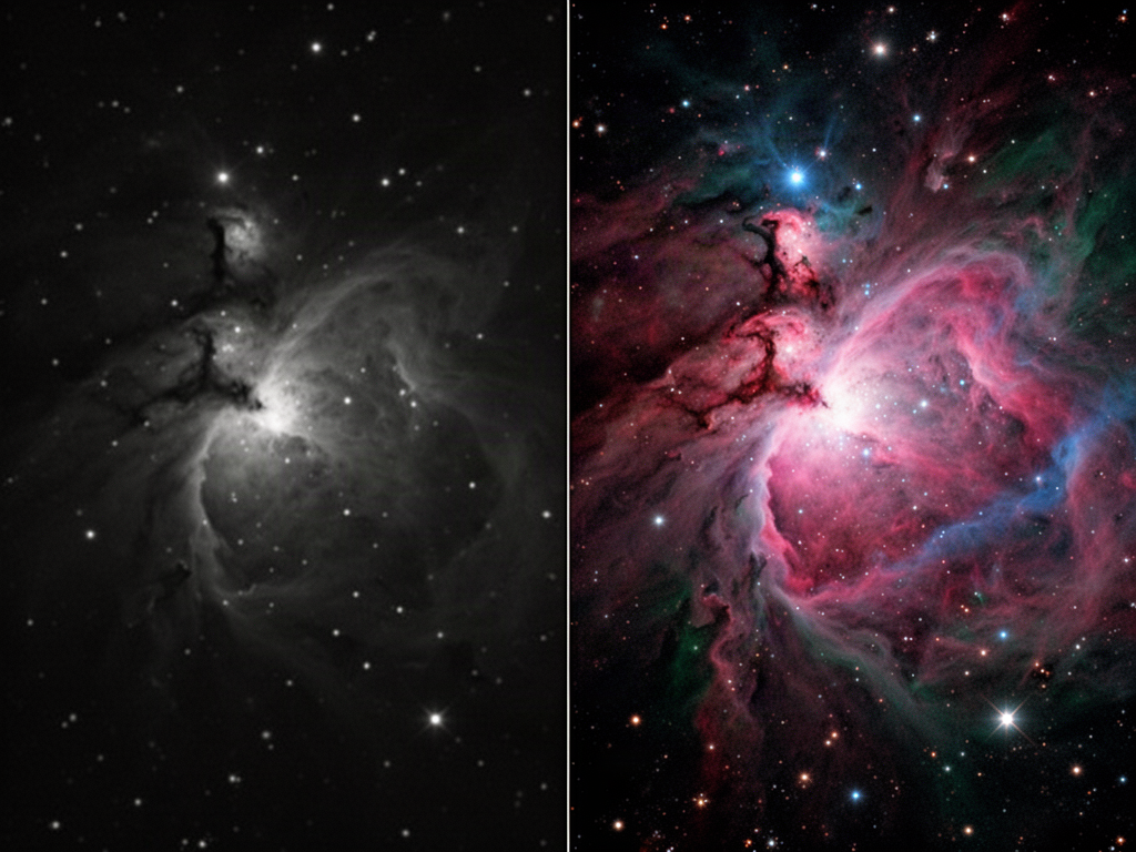 Side-by-side comparison of the Orion Nebula: the left half is a dark, grainy raw frame with barely visible structure, while the right half shows the same field after processing in vivid magentas, blues, and teals with crisp filaments and a bright core.
