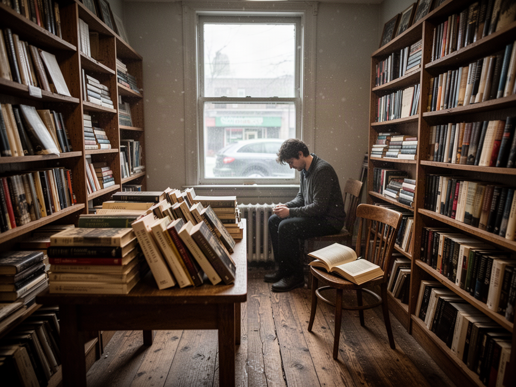 Interior of a small used bookstore at opening hour: slanted morning light through the front window, dust motes drifting, stacks of weathered paperbacks leaning on a front table, and a cracked-spine book resting on a chair beside tall shelves.