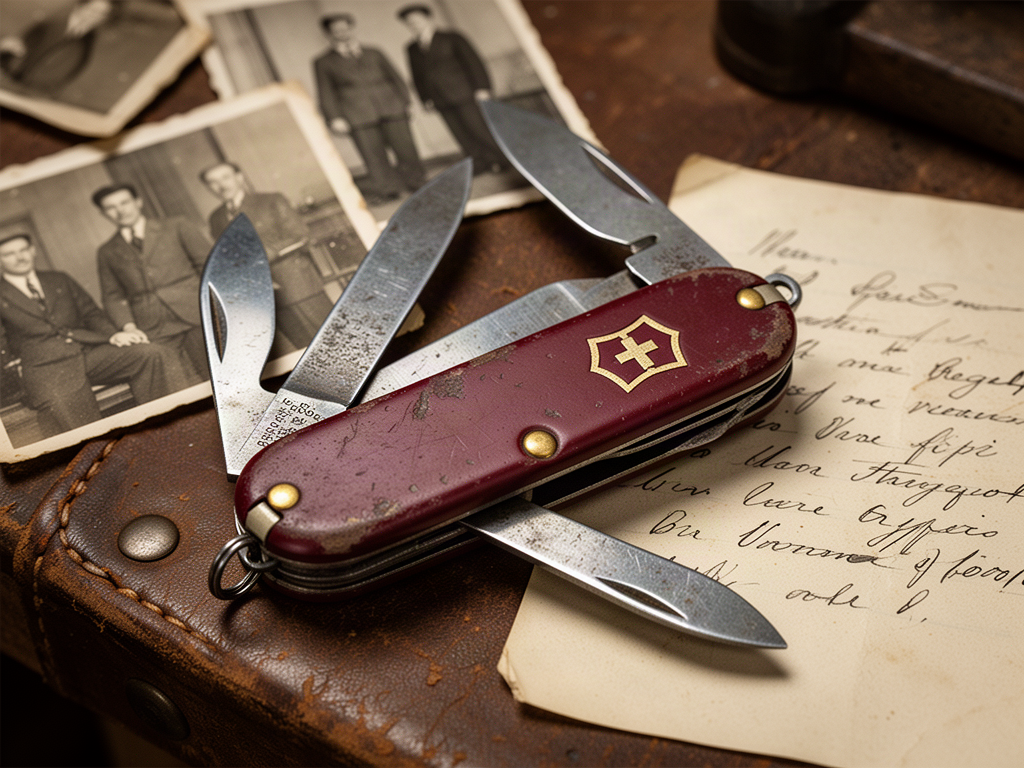 Vintage Swiss Army Knife with worn maroon handles and tarnished brass rivets resting on a leather workbench, showing decades of careful use