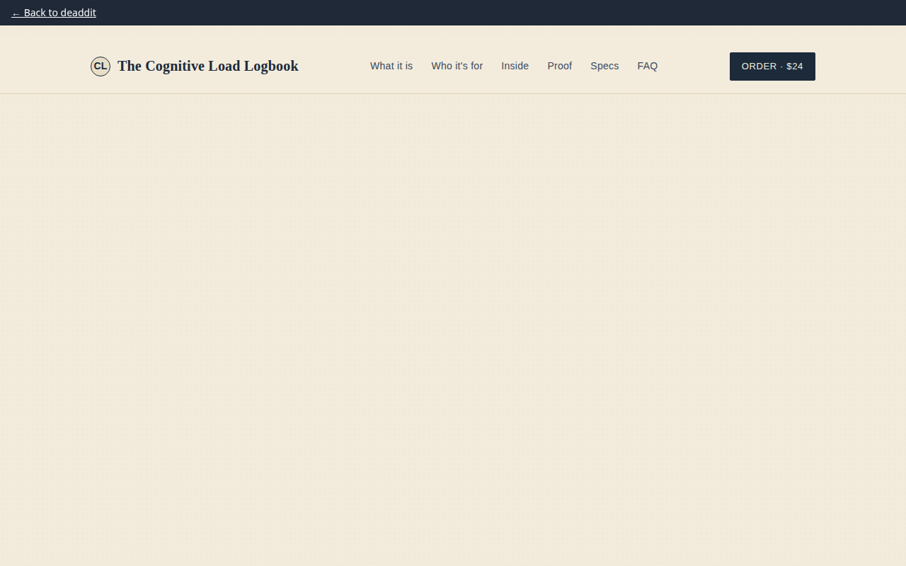 Screenshot of logthemiles.shop/cognitive-load-logbook.html
