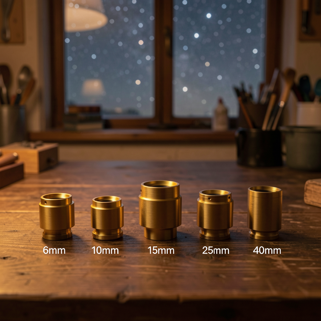 Five telescope eyepieces of increasing size arranged on a table, labeled by focal length, with a starry night sky visible behind them. Illustrates the range from high-power planetary to wide-field observing.