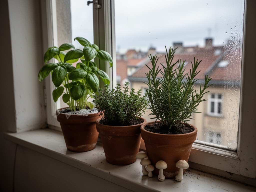 A windowsill herb corner with basil, thyme, and rosemary in small terracotta pots, photographed in soft morning light with a faintly fogged window and blurred rooftops behind.