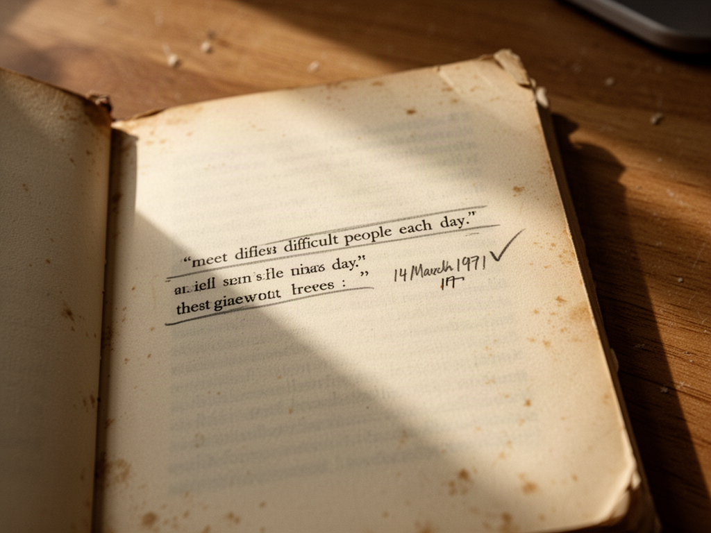 A worn paperback Meditations open on a wooden table, the page yellowed with age, with a faint pencil underline, a small handwritten date — 14 March 1971 — and a single quiet check mark in the margin, the whole image reading as a small private archive of an old morning practice.