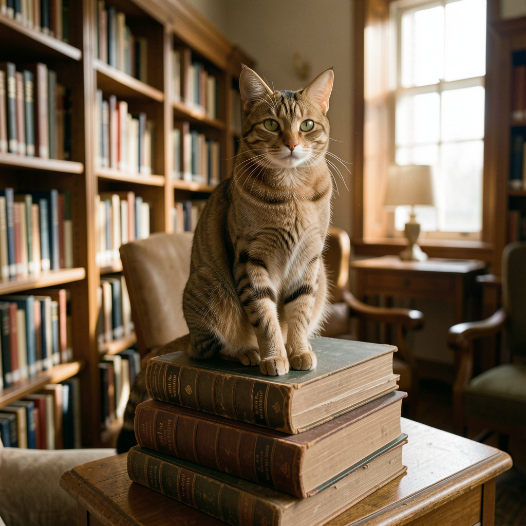 a cat sitting on a pile of books