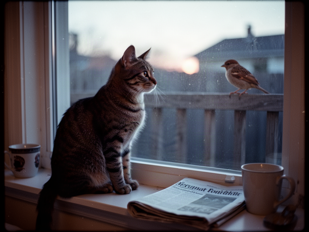 A candid photograph of a tabby cat on a windowsill at dawn, watching a sparrow perched on a fence outside the window. The cat is unposed, gazing calmly through the glass in pale blue morning light.