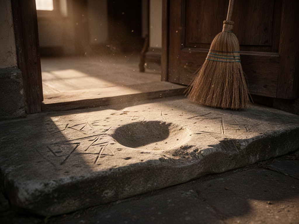 A weathered limestone step with a smooth, bowl-shaped depression worn by long use, lit by raking morning light with a broom leaning against a doorframe nearby.