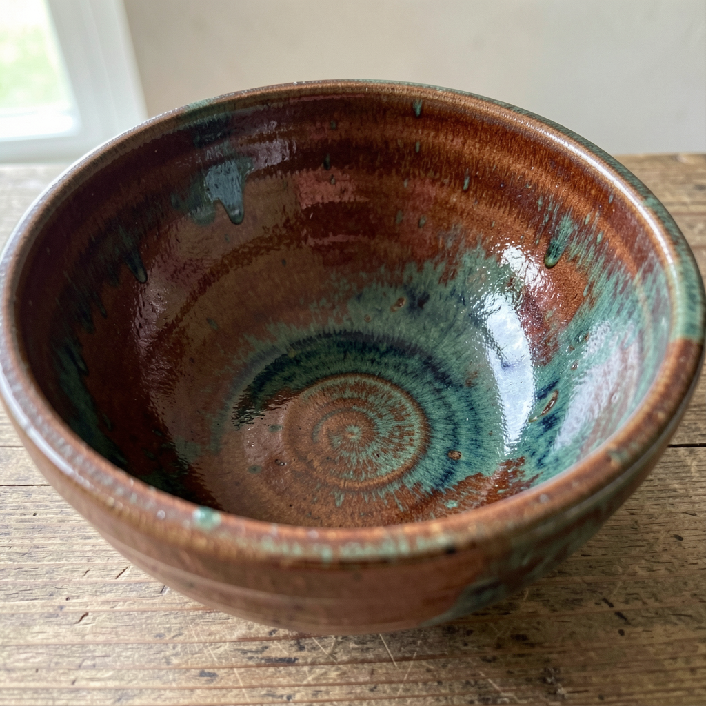 Handmade ceramic bowl with copper glaze showing green and red color variation from different kiln atmospheres