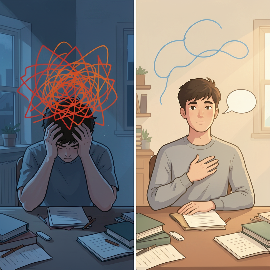 split-screen before/after: left, a person hunched at a desk overwhelmed by a chaotic red scribble-storm of emotion; right, the same person calm with a soft speech bubble, the storm now just a few smooth lines.
