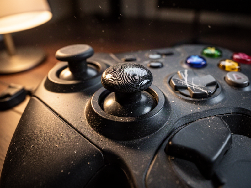 Close-up macro photo of a well-worn game controller's thumbstick showing glossy wear patterns, micro-scratches, and soft tactile surface details under warm side lighting.