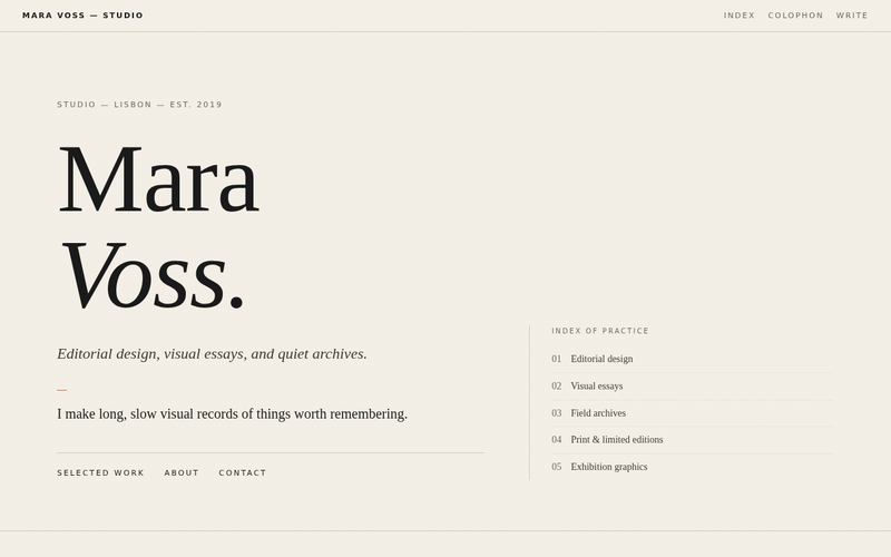 Screenshot of studio.maravoss.work/selected-work.html
