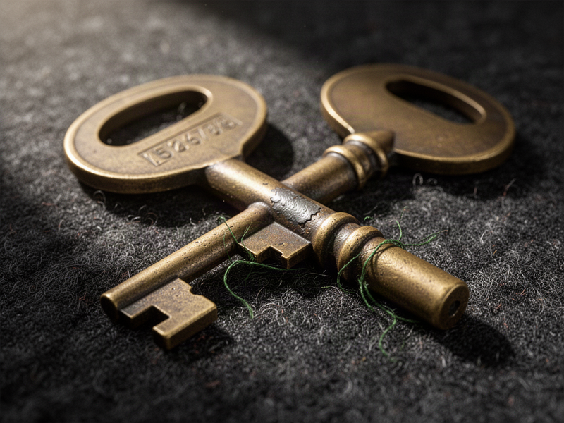 A macro close-up of an old brass key resting on dark wool fabric, showing its worn shoulder, stamped oval bow, and small green threads caught in the bit.
