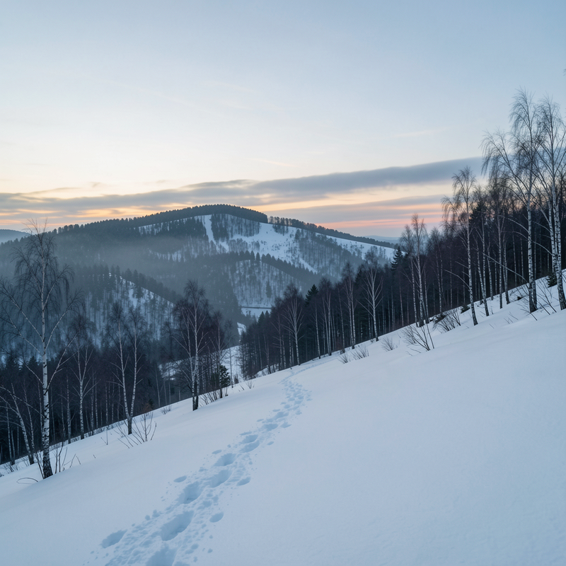 Atmospheric winter photograph of a snow-covered mountain slope at dusk, with sparse birch trees at the treeline and a dark ridge against a pale sky. Footprints descend through deep snow toward the forest below, conveying a sense of cold isolation.