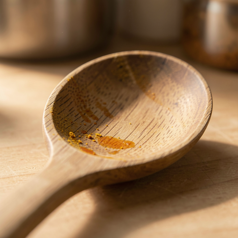 Close-up of a wooden spoon with visible grain, smooth from years of use, slight stains near the edge.