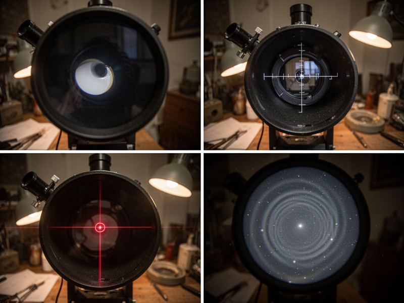 collimation stages on a newtonian telescope, four panel photo sequence showing centered eyepiece view, offset secondary, spider silhouette, and aligned star test rings